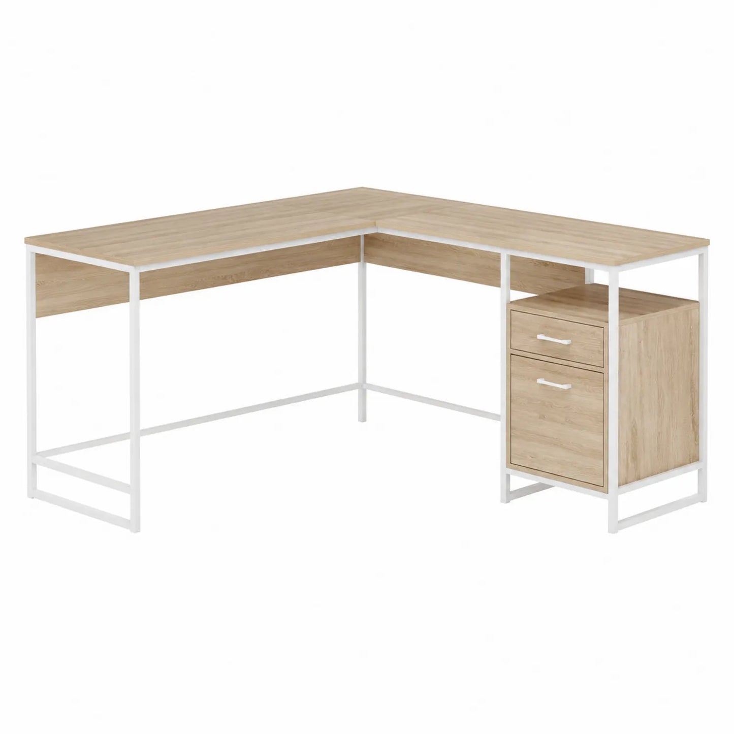 Scrivania angolare in legno e metallo bianco con cassetti