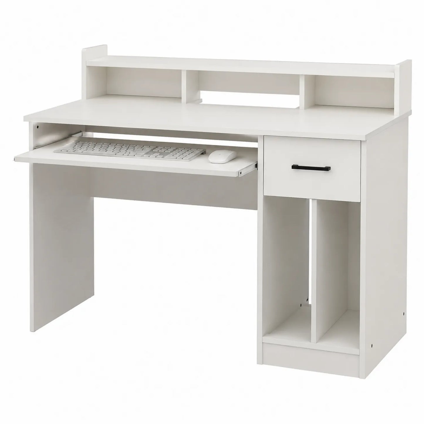 Scrivania in Legno MDF Bianco con Cassetto e Ripiano Tastiera