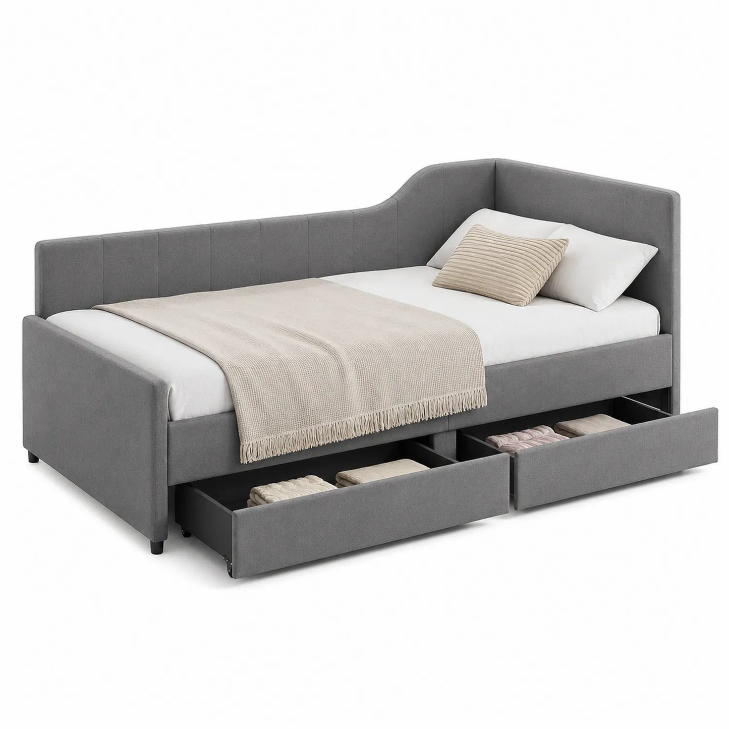 Letto Singolo con Cassetti in Tessuto Grigio