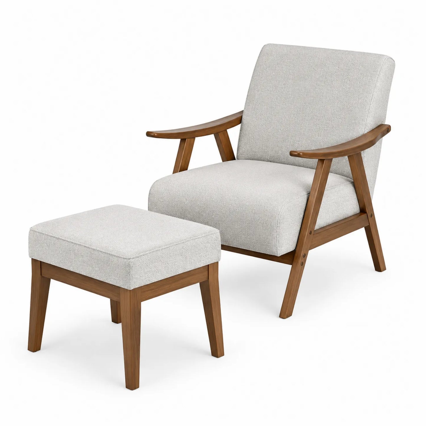 Set Poltrona e Poggiapiedi in Tessuto Grigio con Struttura in Legno