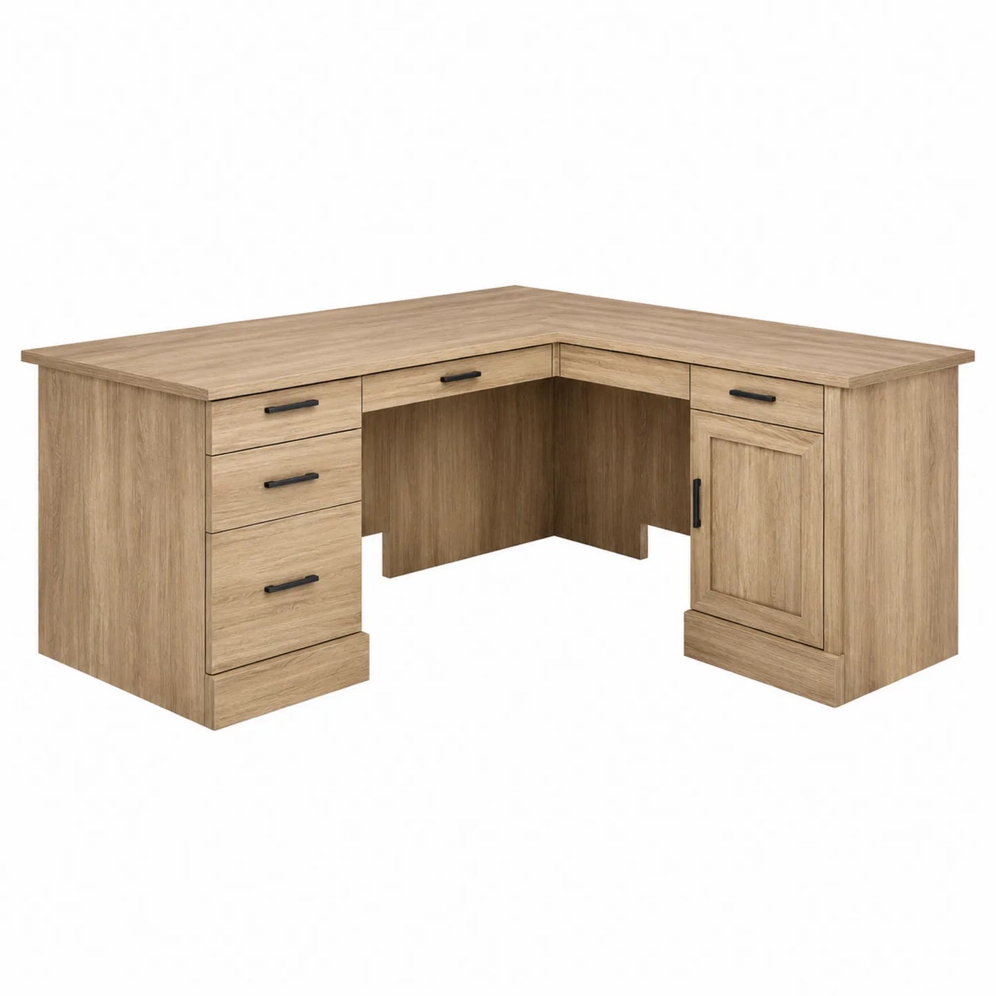 Scrivania angolare in legno composito con cassetti e anta 200x150x75 cm