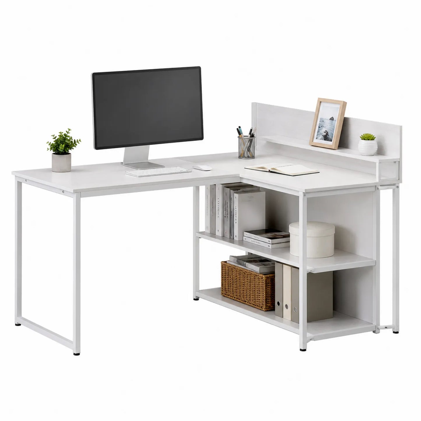 Scrivania ad Angolo in MDF con Ripiani in Metallo Bianco 150x120x75 cm