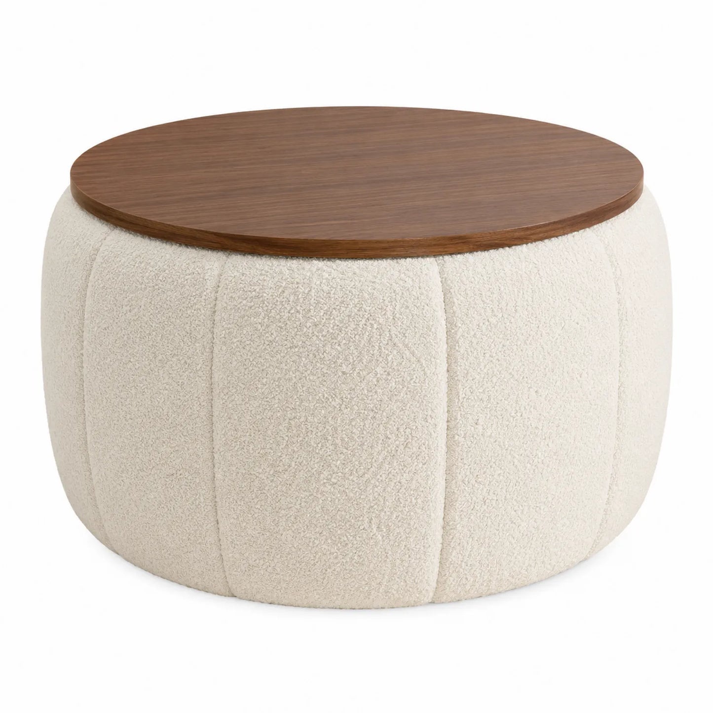 Poggiapiedi rotondo in legno e tessuto bouclé, bianco e marrone, diametro 60 cm