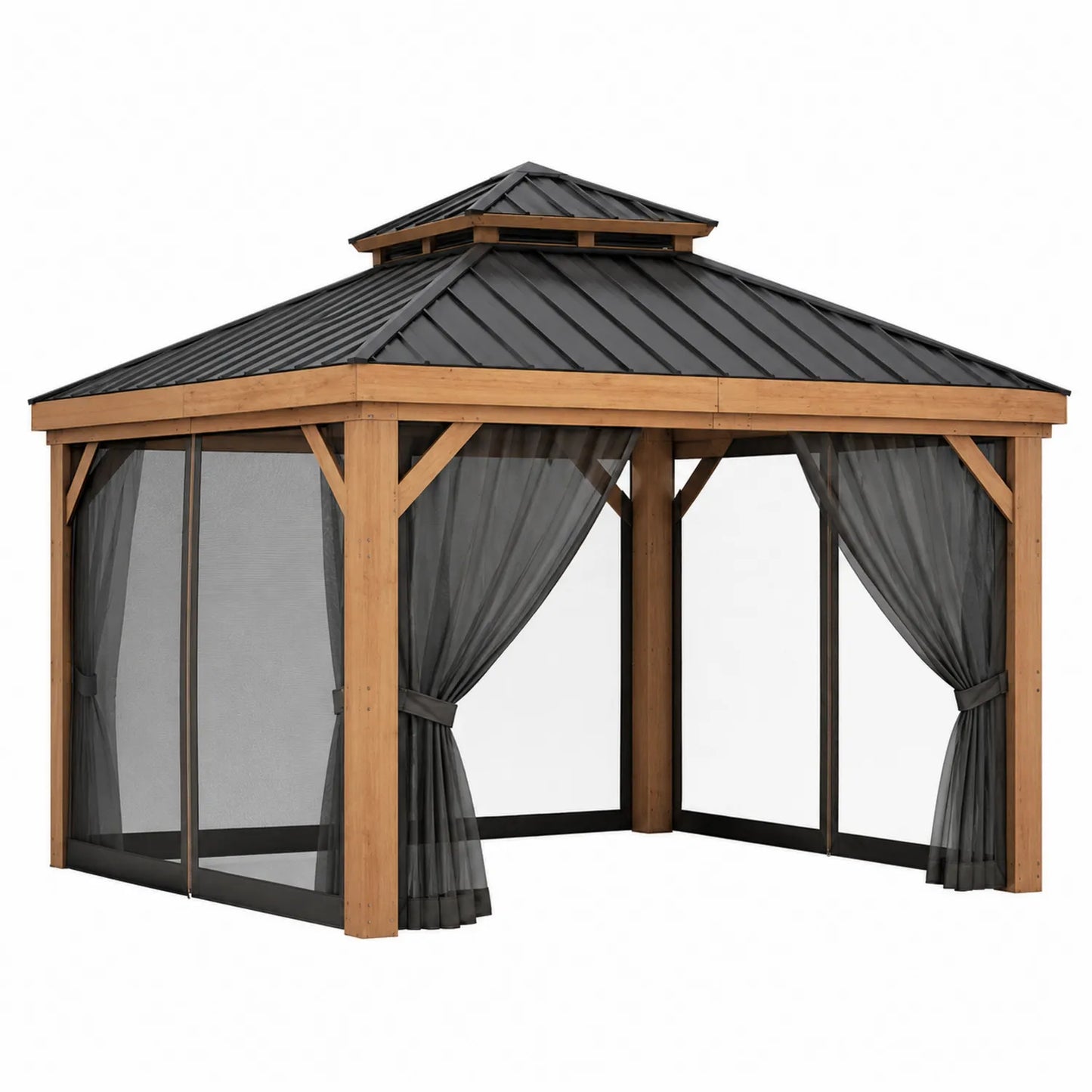 Gazebo in Legno e Metallo con Tende in Poliestere 300x400x270 cm