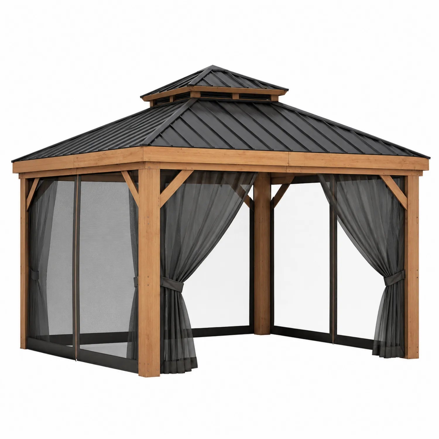 Gazebo in Legno e Metallo con Tende in Poliestere 300x400x270 cm