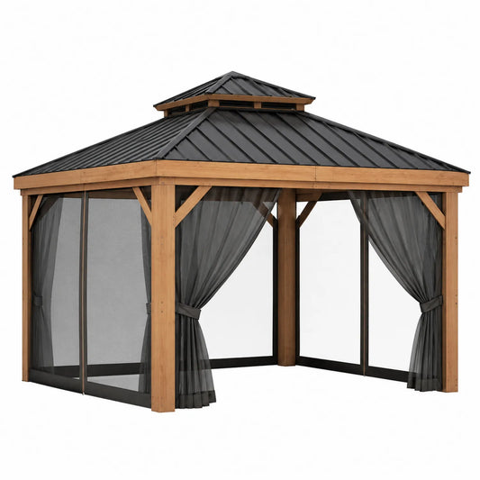 Gazebo in Legno e Metallo con Tende in Poliestere 300x400x270 cm