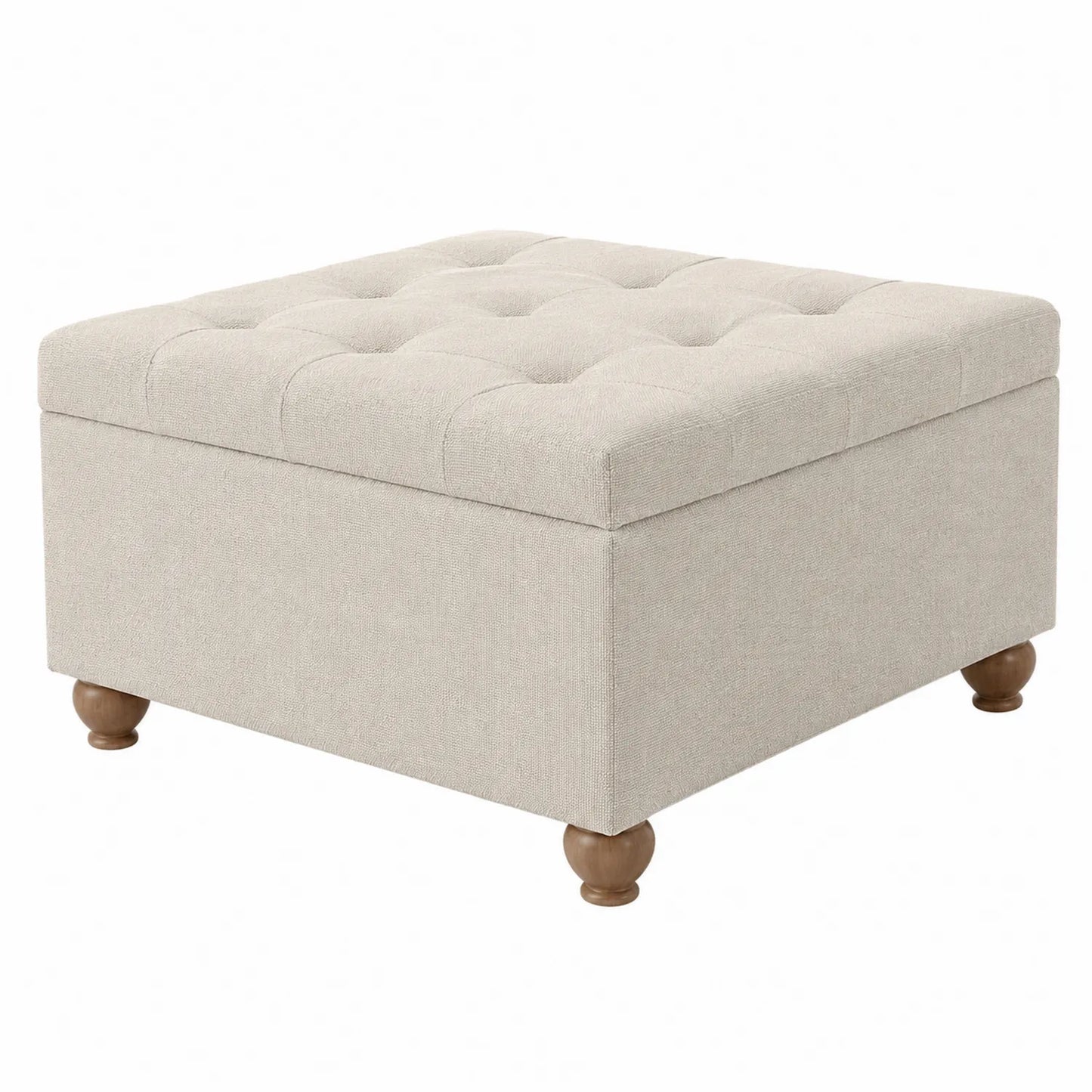 Pouf quadrato in tessuto beige con piedi in legno