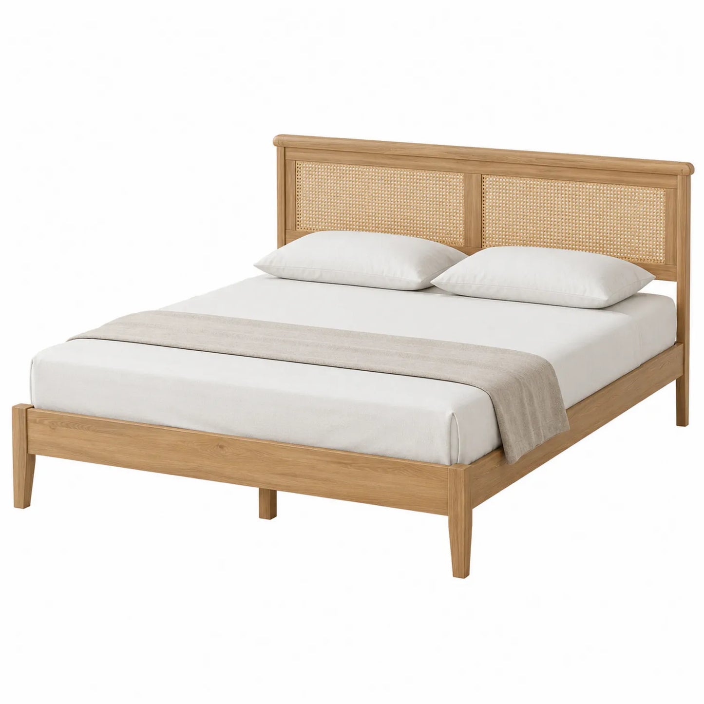 Letto matrimoniale in legno di rovere con testiera in rattan 200x160 cm