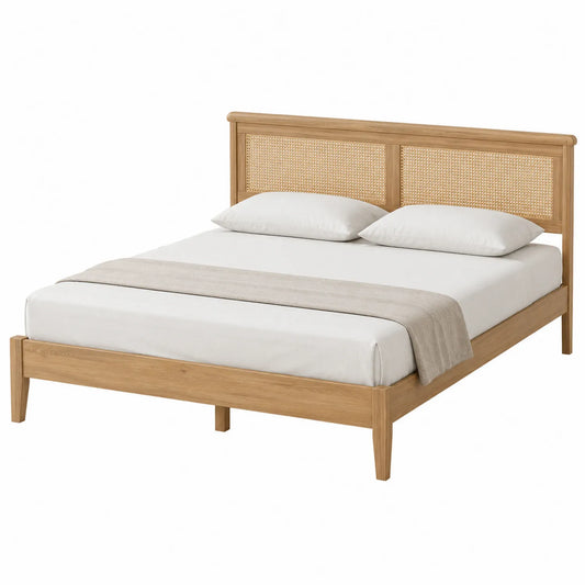 Letto matrimoniale in legno di rovere con testiera in rattan 200x160 cm