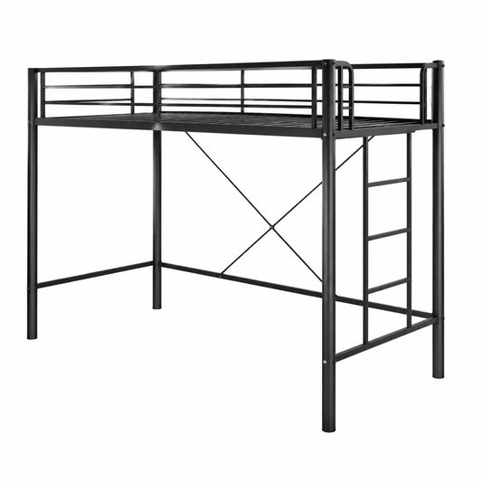 Letto a soppalco in metallo nero con scala laterale