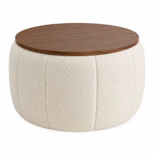 Poggiapiedi rotondo in legno e tessuto bouclé, bianco e marrone, diametro 60 cm