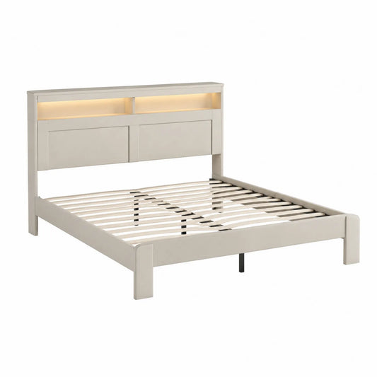 Letto matrimoniale in legno con testiera illuminata e scaffali, beige, 200x160 cm